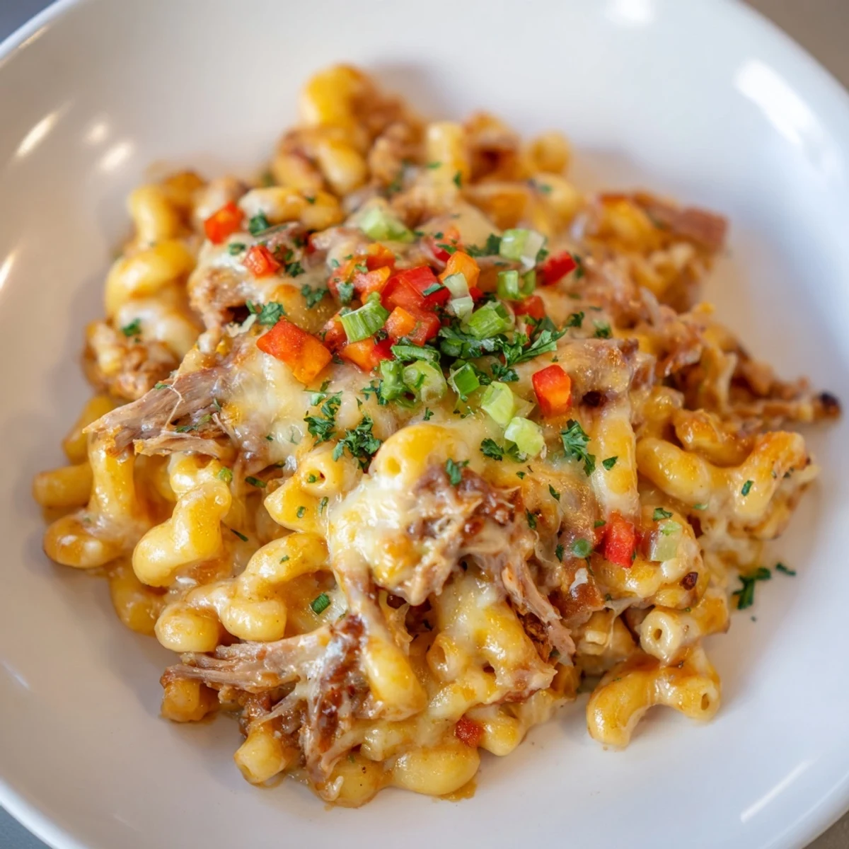 BBQ Rib Macaroni Skillet bubbling with melted cheese, showcasing tender pulled pork and savory sauce.