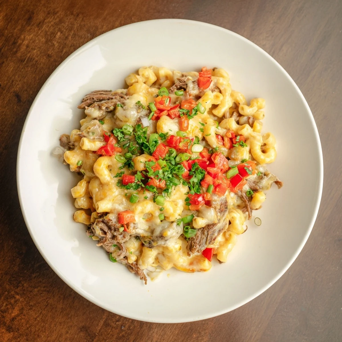 Golden-topped BBQ Rib Macaroni Skillet, featuring a blend of cheeses and flavorful rib meat, ready to serve.