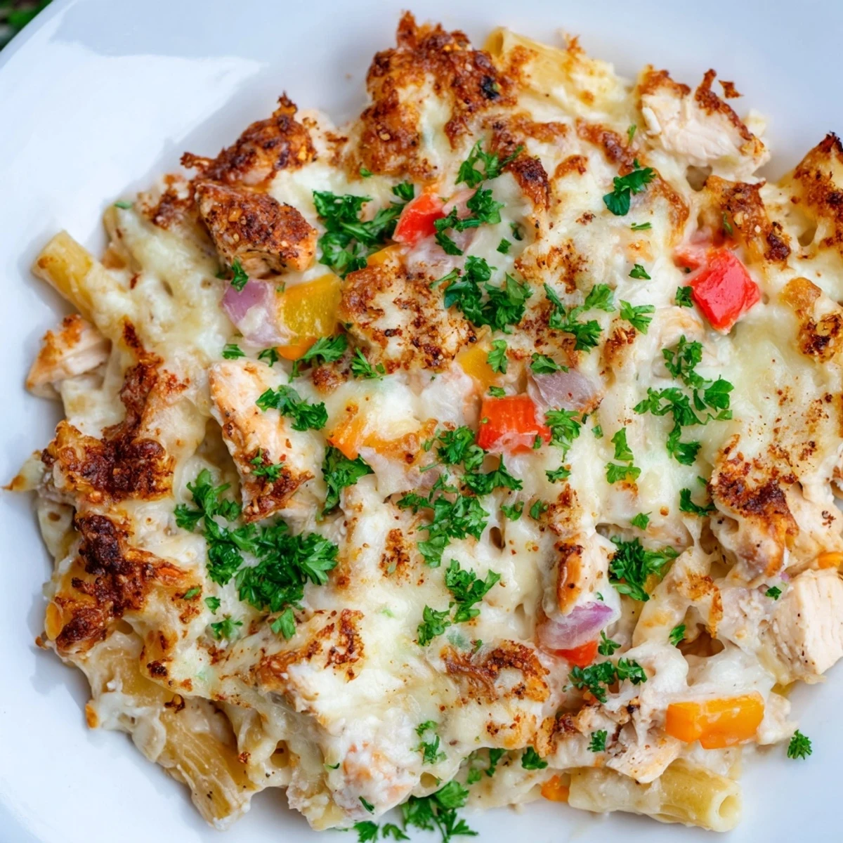 Golden-browned Cajun Chicken Pasta Bake with a creamy sauce, vegetables, and perfectly cooked pasta ready to serve.