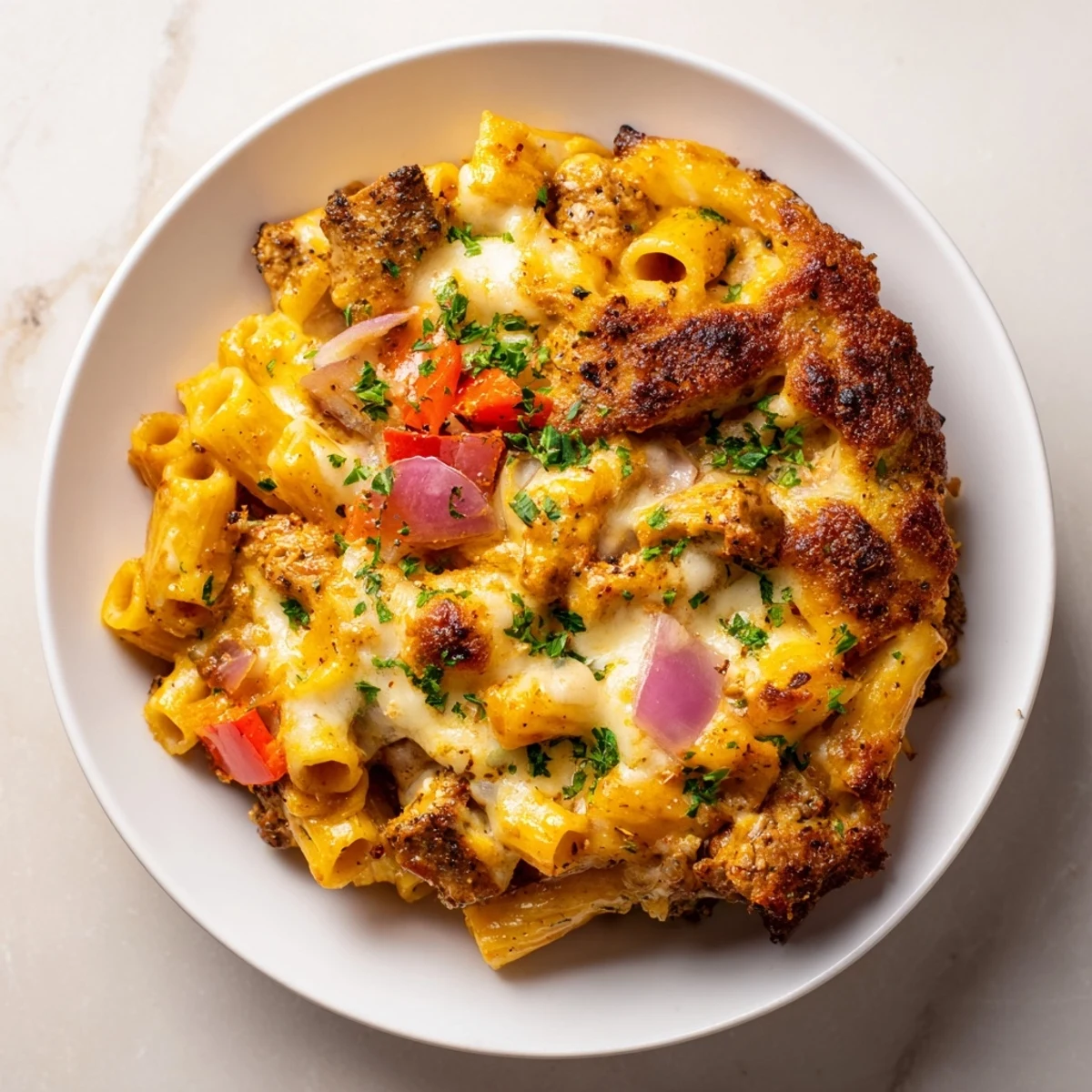 A close-up view of the flavorful Cajun Chicken Pasta Bake, showcasing the melted cheese and herbs on top.