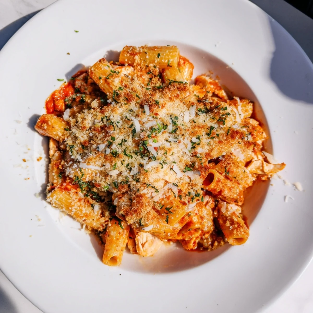 Baked Chicken Parmesan Pasta bubbling with melted cheese and golden, crispy breadcrumb topping.