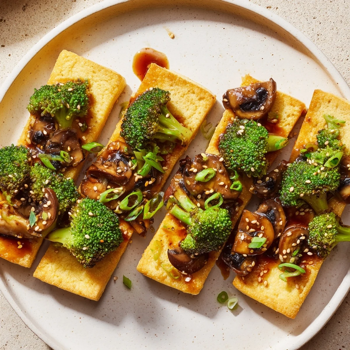 A sizzling skillet holds beautifully cooked Sautéed Tofu Steak, featuring sesame seeds and green onions.