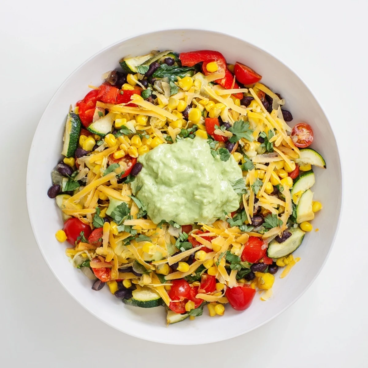 A comforting, colorful Veggie-Packed Taco Skillet with melted cheese and fresh avocado yogurt.
