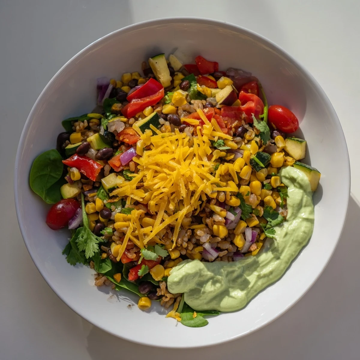 Flavorful Veggie-Packed Taco Skillet piled high, featuring creamy avocado yogurt and lime wedges beside it.