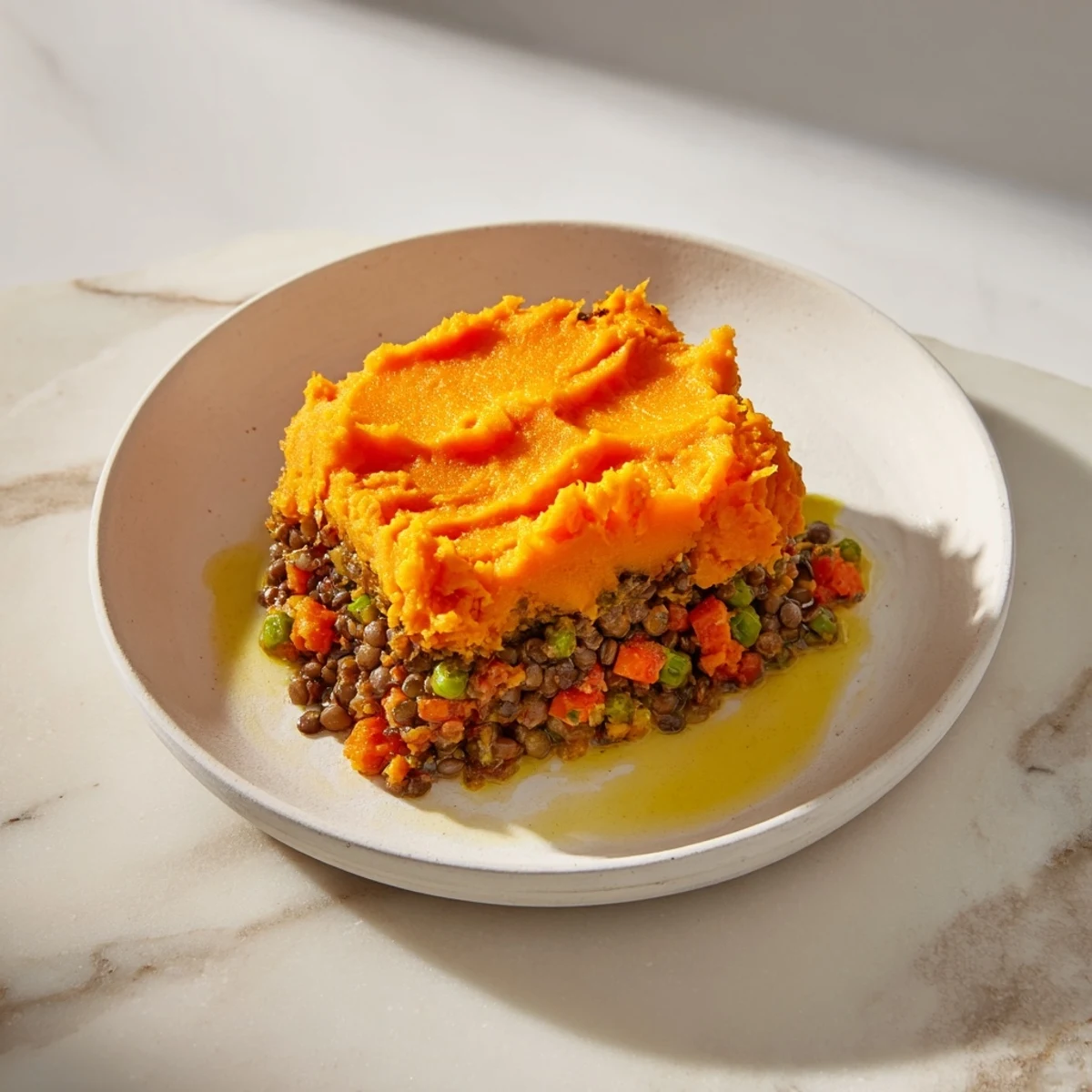 A steaming, bubbly Veggie Shepherd's Pie showcases a hearty lentil filling topped with fluffy sweet potato.
