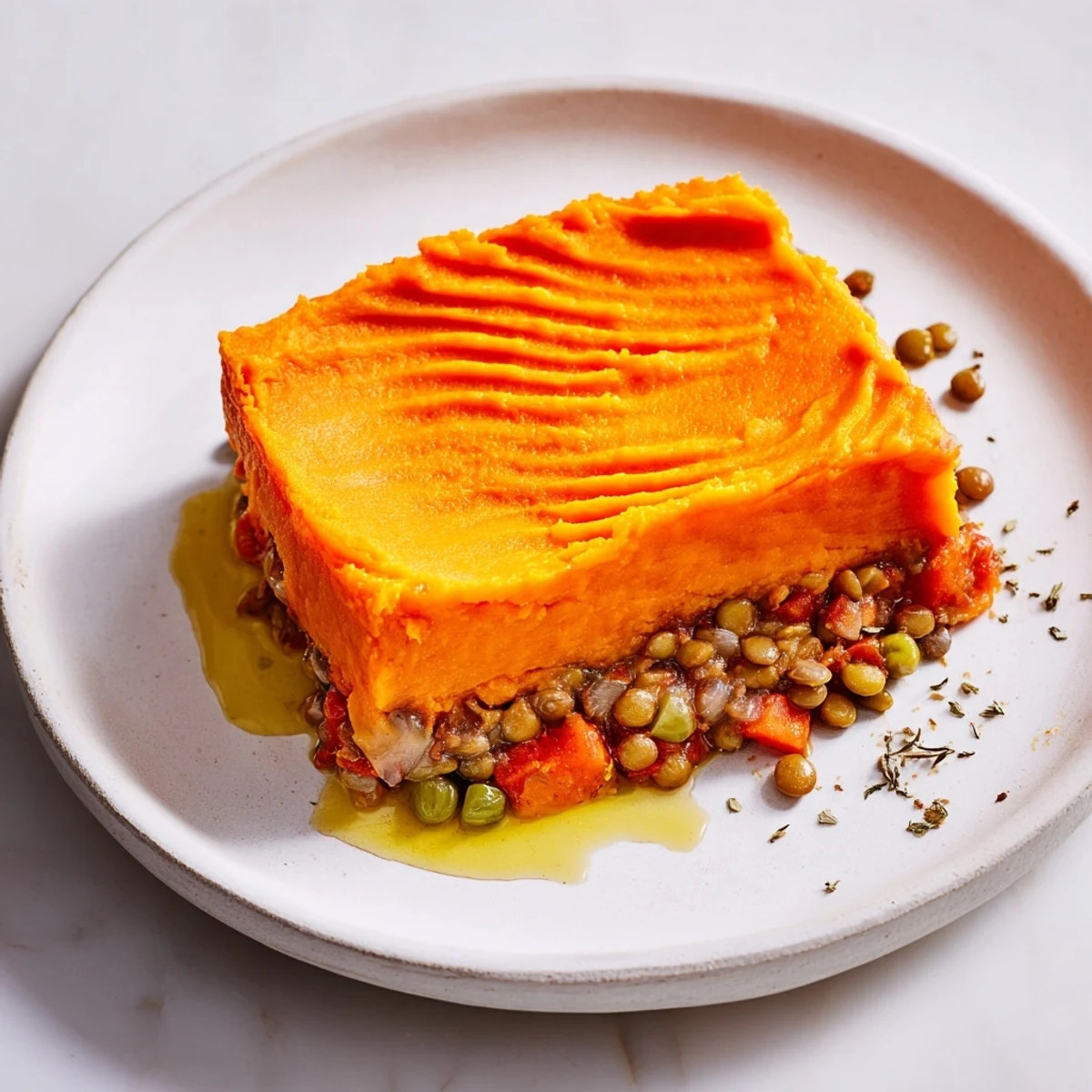 Golden-brown Veggie Shepherd's Pie with lentils and sweet potato mash, ready to serve and enjoy.