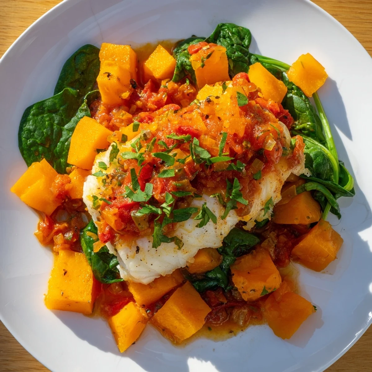 Baked Cod with Butternut Squash and rich tomato sauce, a vibrant, wholesome meal suggestion.