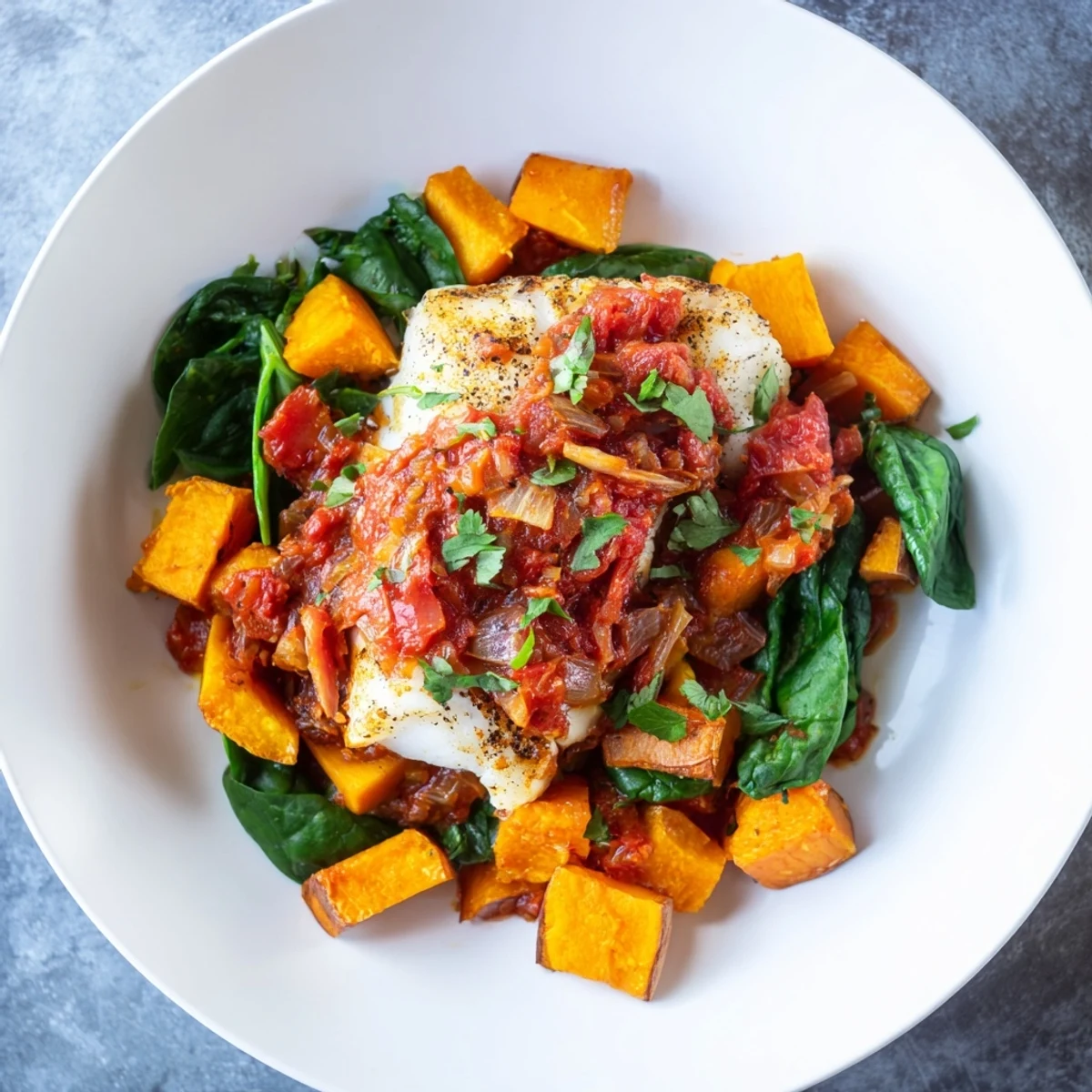 Golden-baked cod fillets rest on a bed of roasted squash in this flavorful recipe.