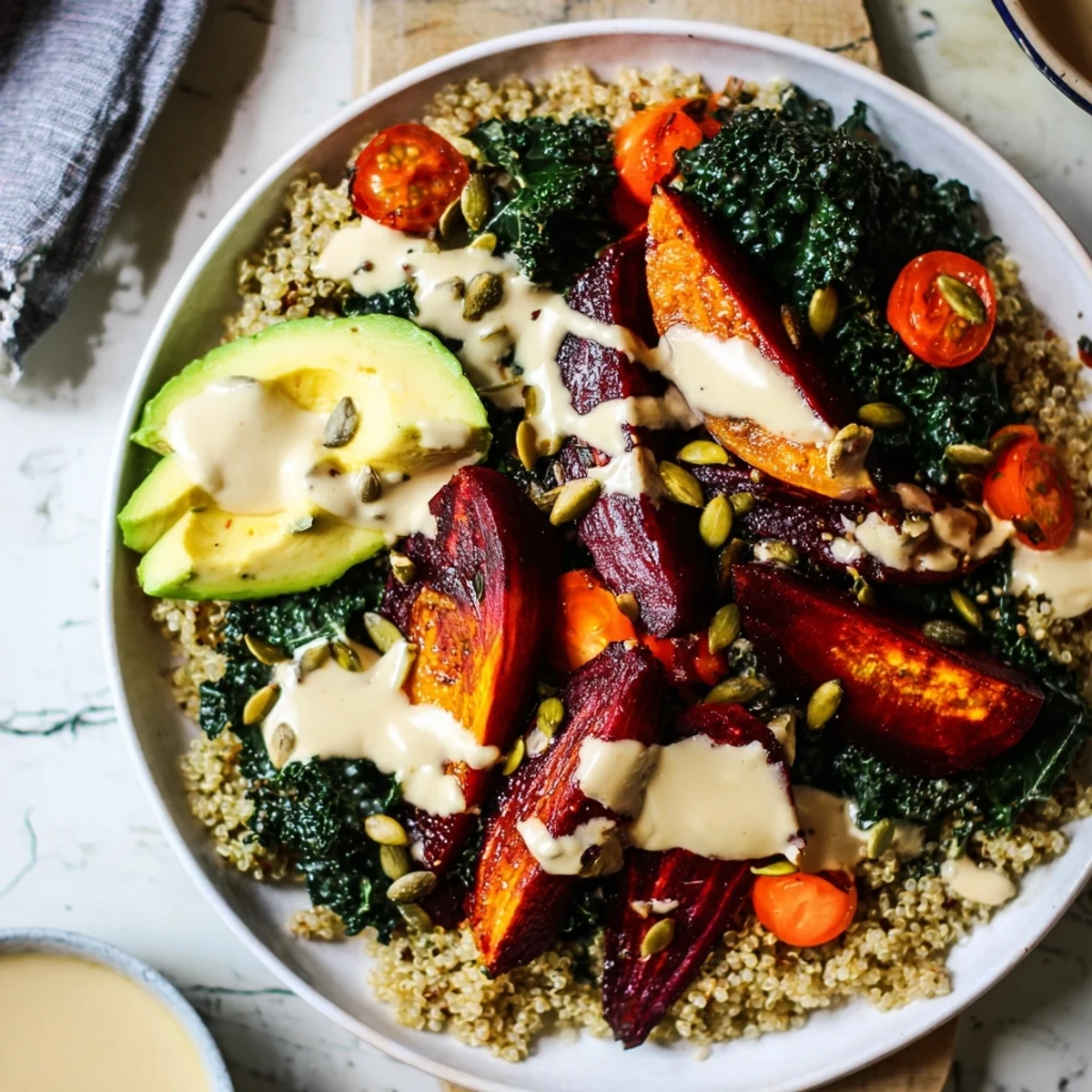 Vibrant quinoa, kale, and roasted beet bowl, drizzled with creamy tahini dressing, a healthy, colorful meal.