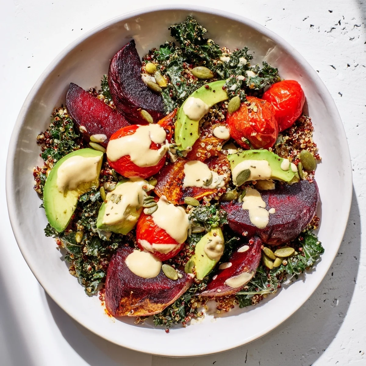 A close-up of a finished quinoa, kale, and roasted beet bowl; bursting with fresh ingredients, ready to eat.