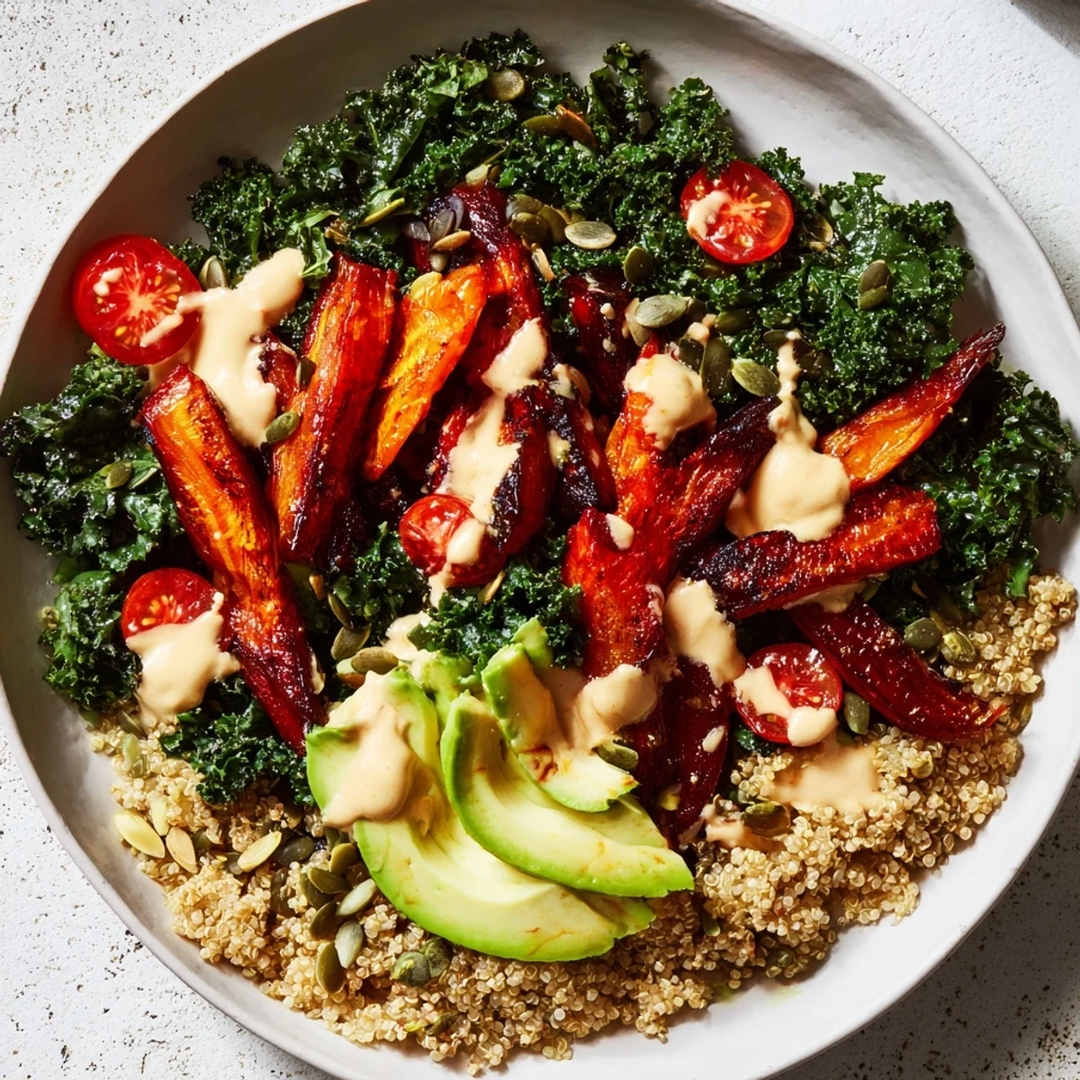 Delicious quinoa, kale, and roasted beet bowl with tahini dressing showcasing colorful, roasted beets and avocado slices.