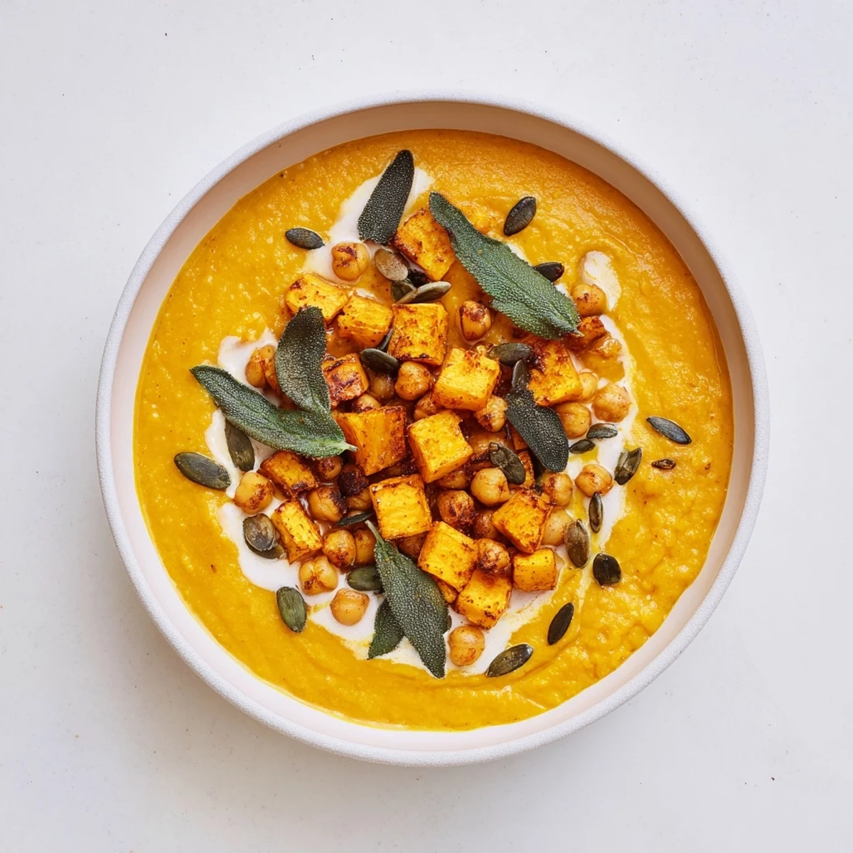 Creamy Chickpea, Pumpkin & Sage Soup, garnished with vibrant green sage leaves and toasted seeds.