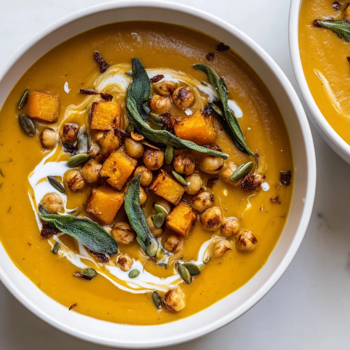 Enjoy a close-up that highlights the textures of this delicious Chickpea, Pumpkin & Sage Soup for a vegan meal.