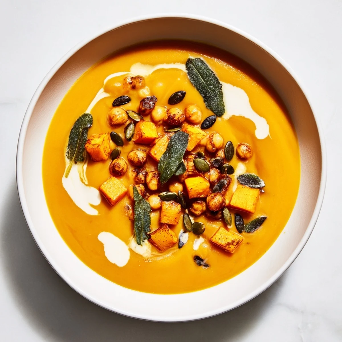 A steaming bowl of Chickpea, Pumpkin & Sage Soup, showcasing a rich, blended, golden color and aroma.
