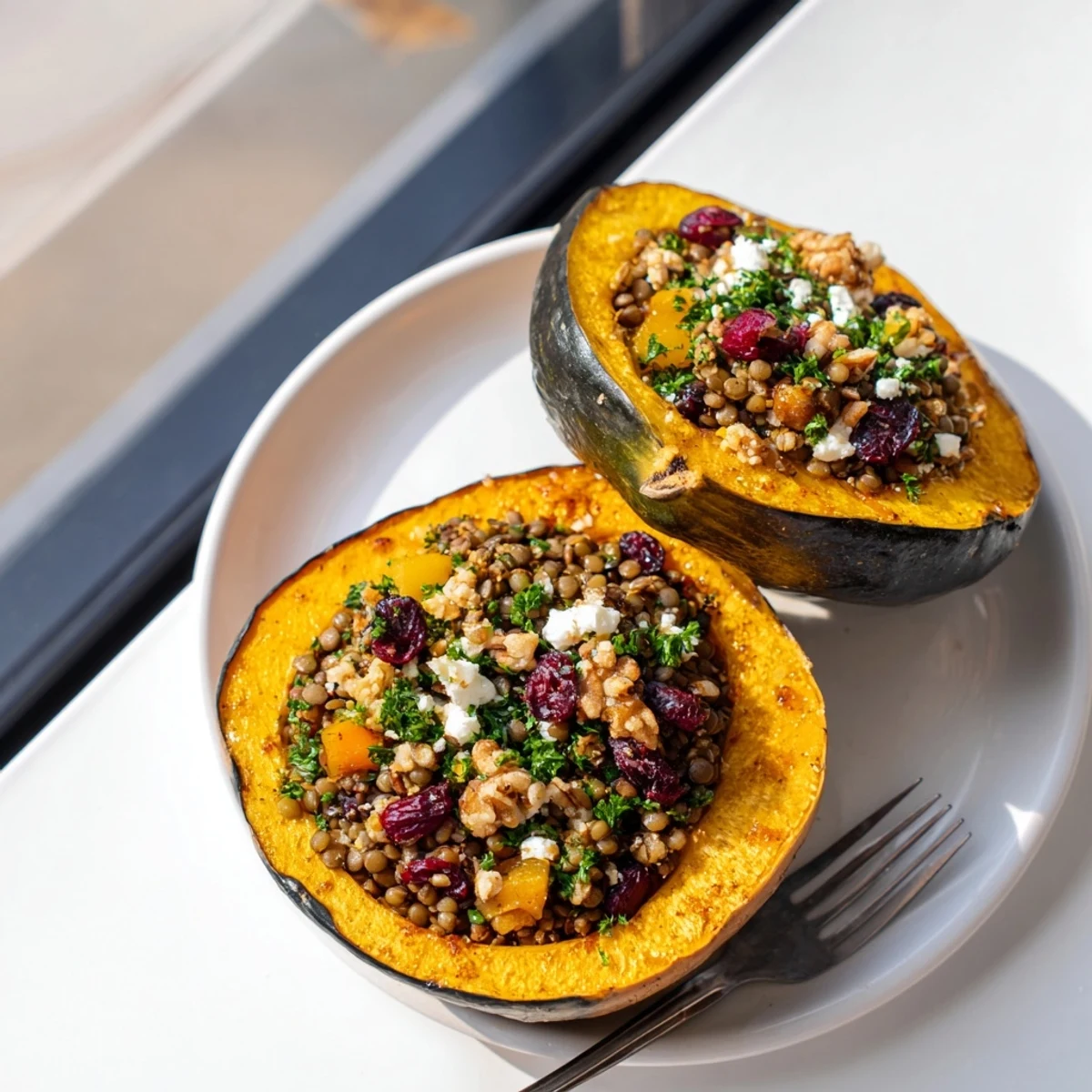 Roasted halves of Lentil & Walnut Stuffed Acorn Squash, brimming with savory lentil filling and walnuts.