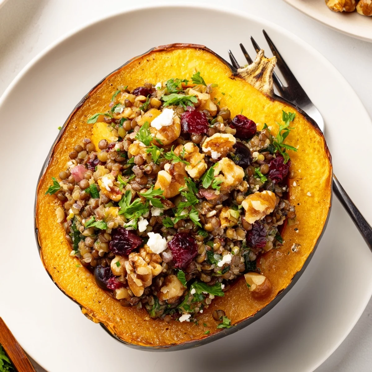A close-up of a plated, delicious Lentil & Walnut Stuffed Acorn Squash, garnished with fresh parsley and feta.