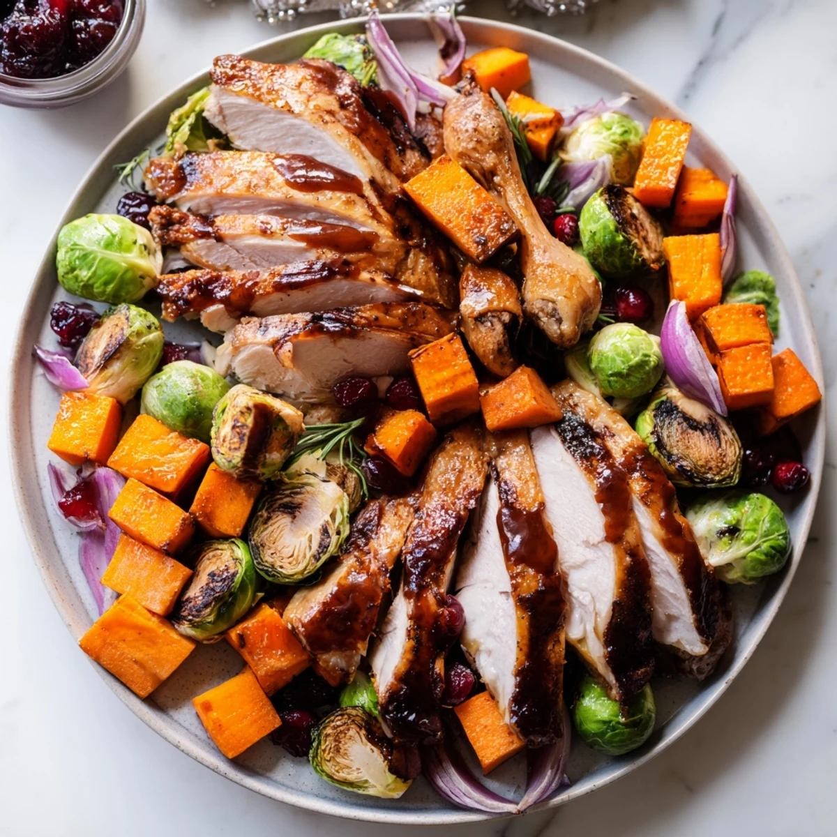 Sheet-pan roasted turkey breast with winter veggies, glazed and ready for serving, juicy and tender.