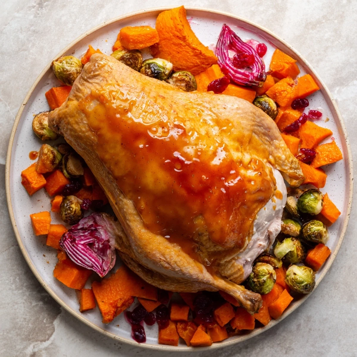 Golden brown sheet-pan roasted turkey breast surrounded by colorful roasted winter vegetables and cranberry glaze.