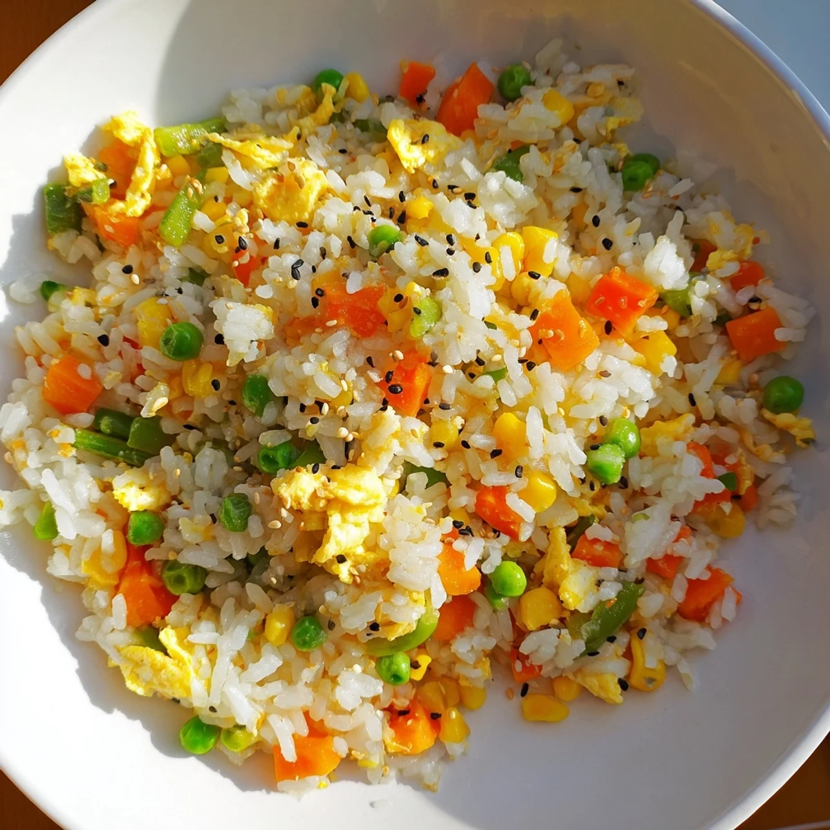 Sizzling pan of Frozen Veggie Fried Rice ready, with perfectly scrambled egg and fresh green onions.