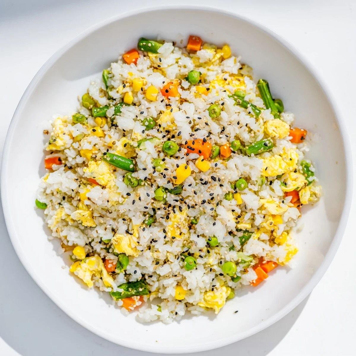 Enjoy a quick, delicious plate of Frozen Veggie Fried Rice, a vegetarian meal with colorful veggies.