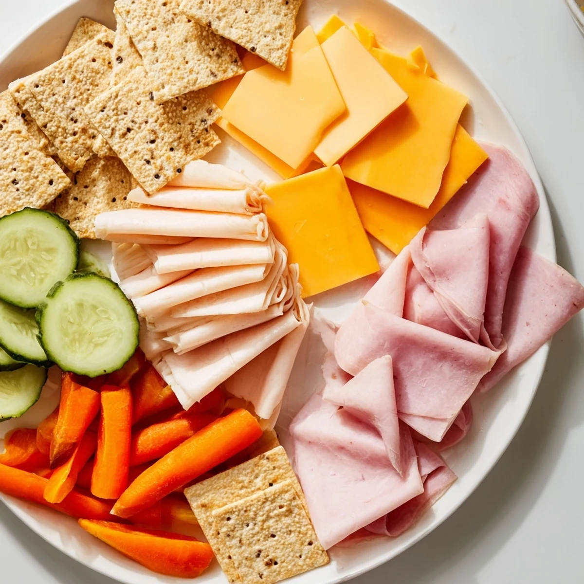 DIY Lunchables tray with crackers, meats, cheeses plus grapes and carrots, ready to eat.