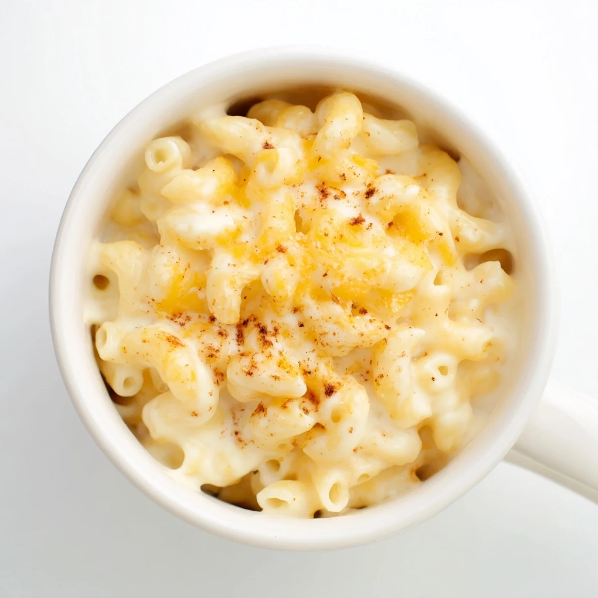 Steaming hot mug mac & cheese, a single serving of rich, creamy comfort, ready to eat.