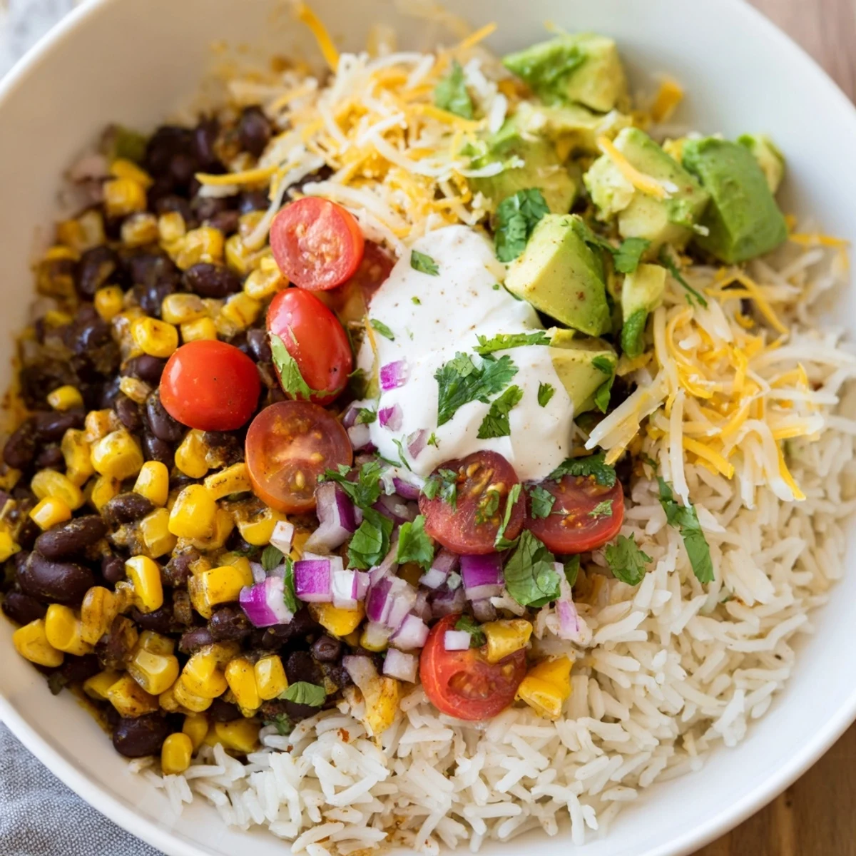 A colorful Rice, Bean, and Corn Burrito Bowl with fresh toppings and a lime wedge.
