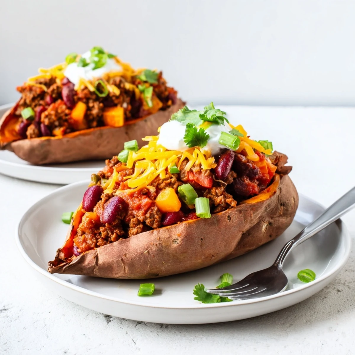 Steaming baked sweet potato stuffed with chili, topped with vibrant green onions and a dollop of cool sour cream.