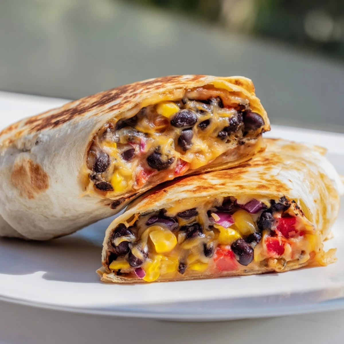 Golden brown baked tortilla wrap hack with beans and cheese, layered with melty cheese and fresh fillings.