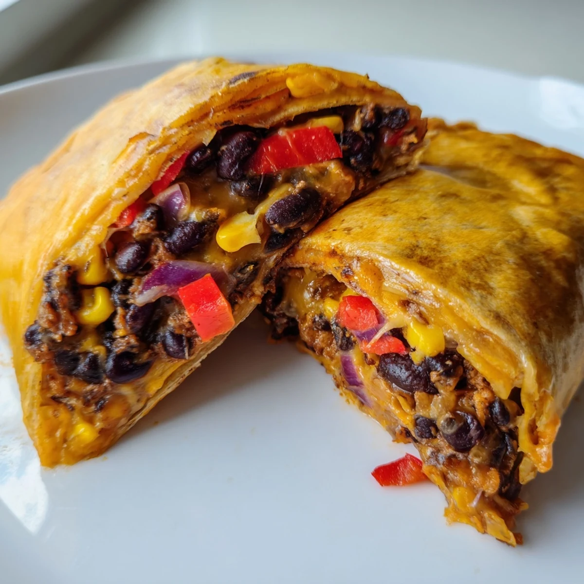 A close-up of a perfectly folded tortilla wrap hack with beans, cheese, and a crispy baked exterior.