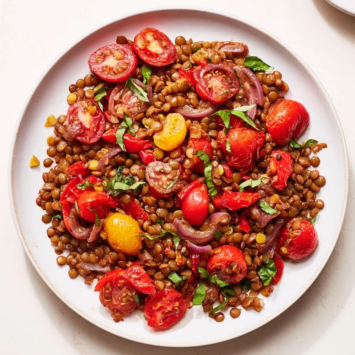 One-pan Lentil-Tomato Skillet, a Mediterranean delight with tender lentils and fresh basil for a savory dish.