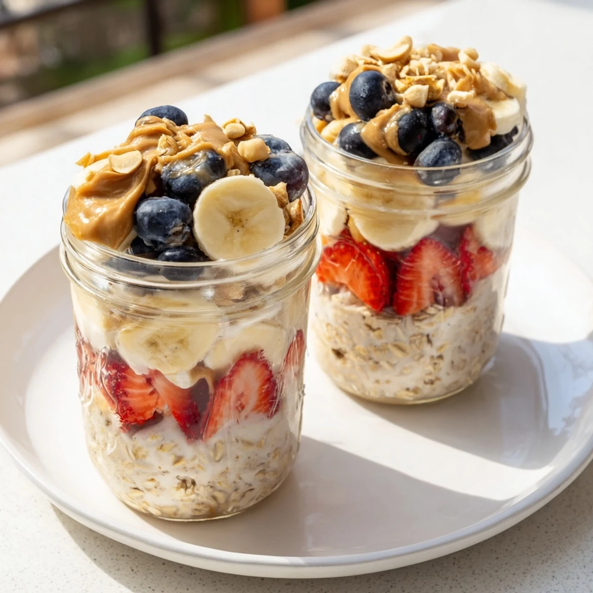 Easy to grab Overnight Oats Jars, featuring a perfect breakfast blend combining oats, peanut butter, and fruit.