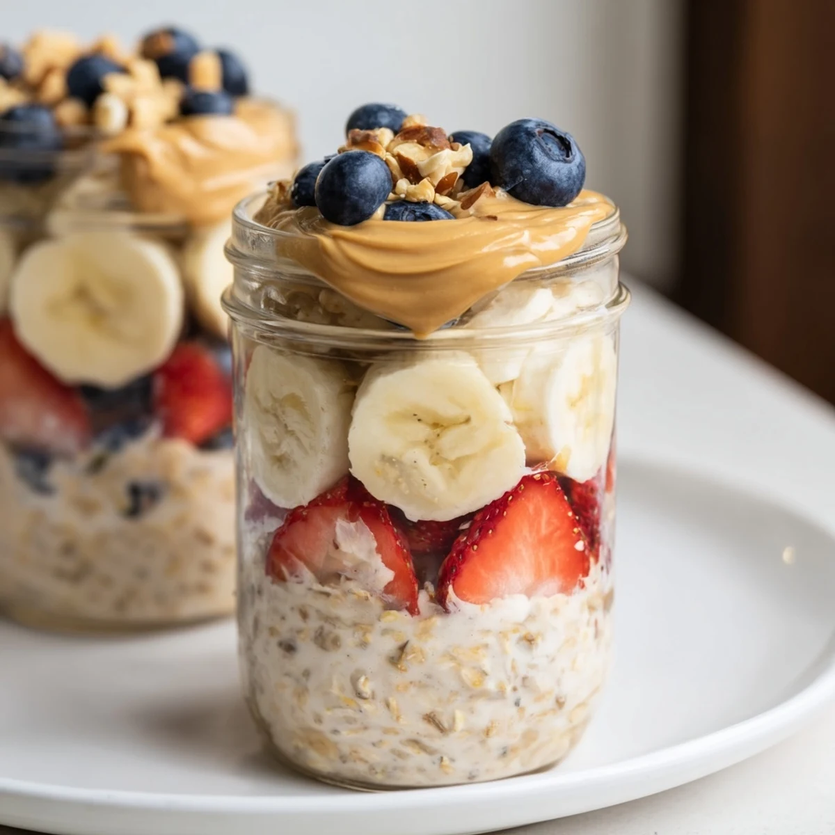 Enjoy a view of creamy Overnight Oats Jars, bursting with colorful fruits and rich peanut butter swirls.
