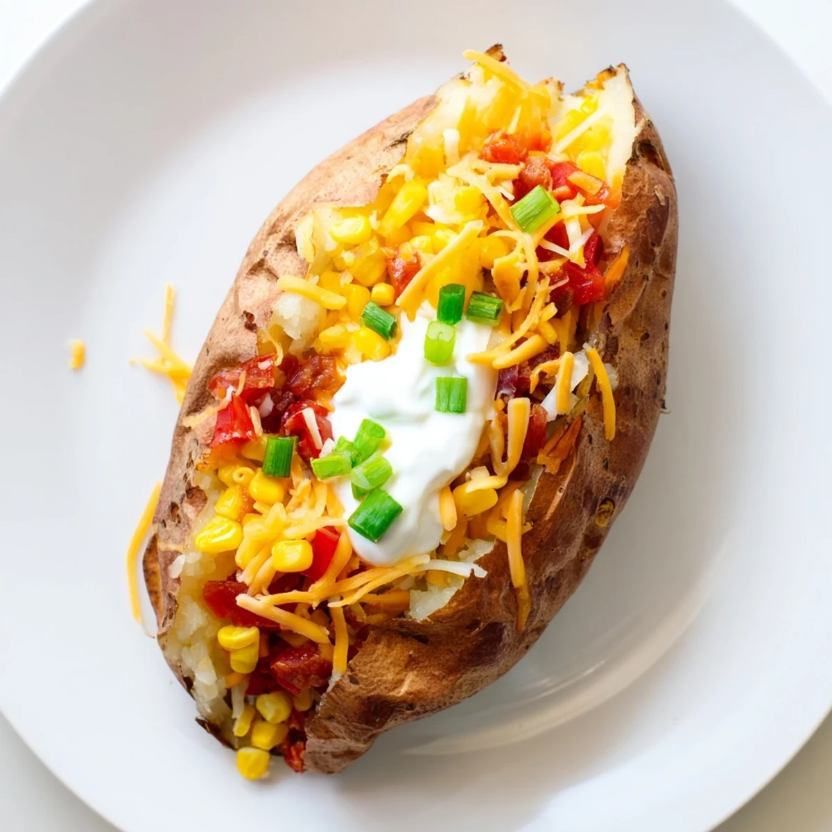 A delicious Baked Potato Bar: fluffy baked potatoes with inviting bowls of cheese, sour cream, and bacon bits.