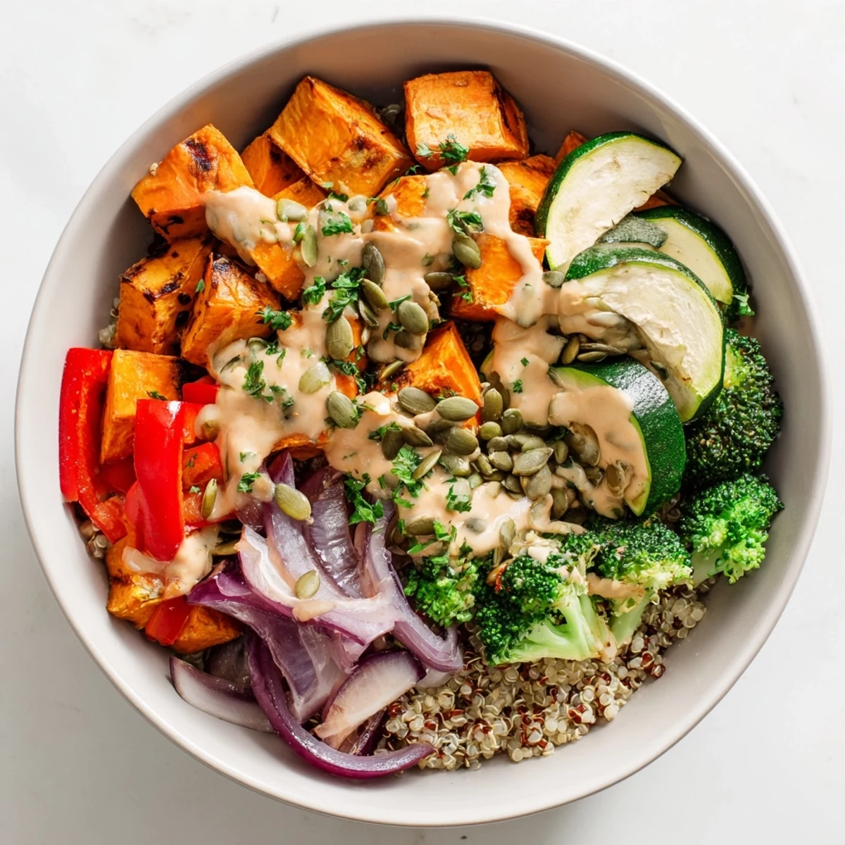 Vibrant photo of a healthy Quinoa Bowl with Roasted Seasonal Veggies, ready to be enjoyed.