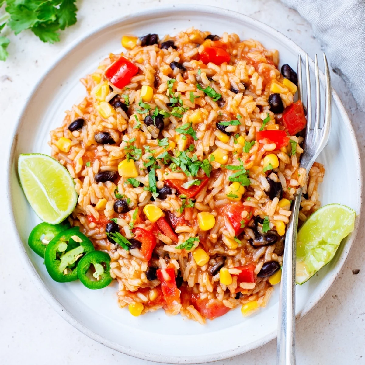 Steaming, vibrant One-Pot Mexican Rice & Beans, a colorful main dish with fresh cilantro and lime.