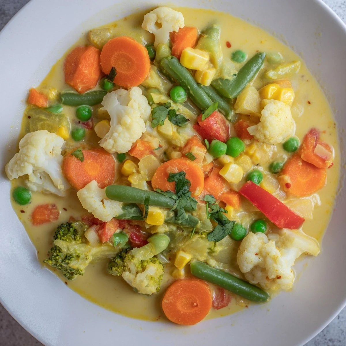 Steaming Veggie Coconut Curry, a vegan delight with vibrant vegetables in creamy coconut sauce.