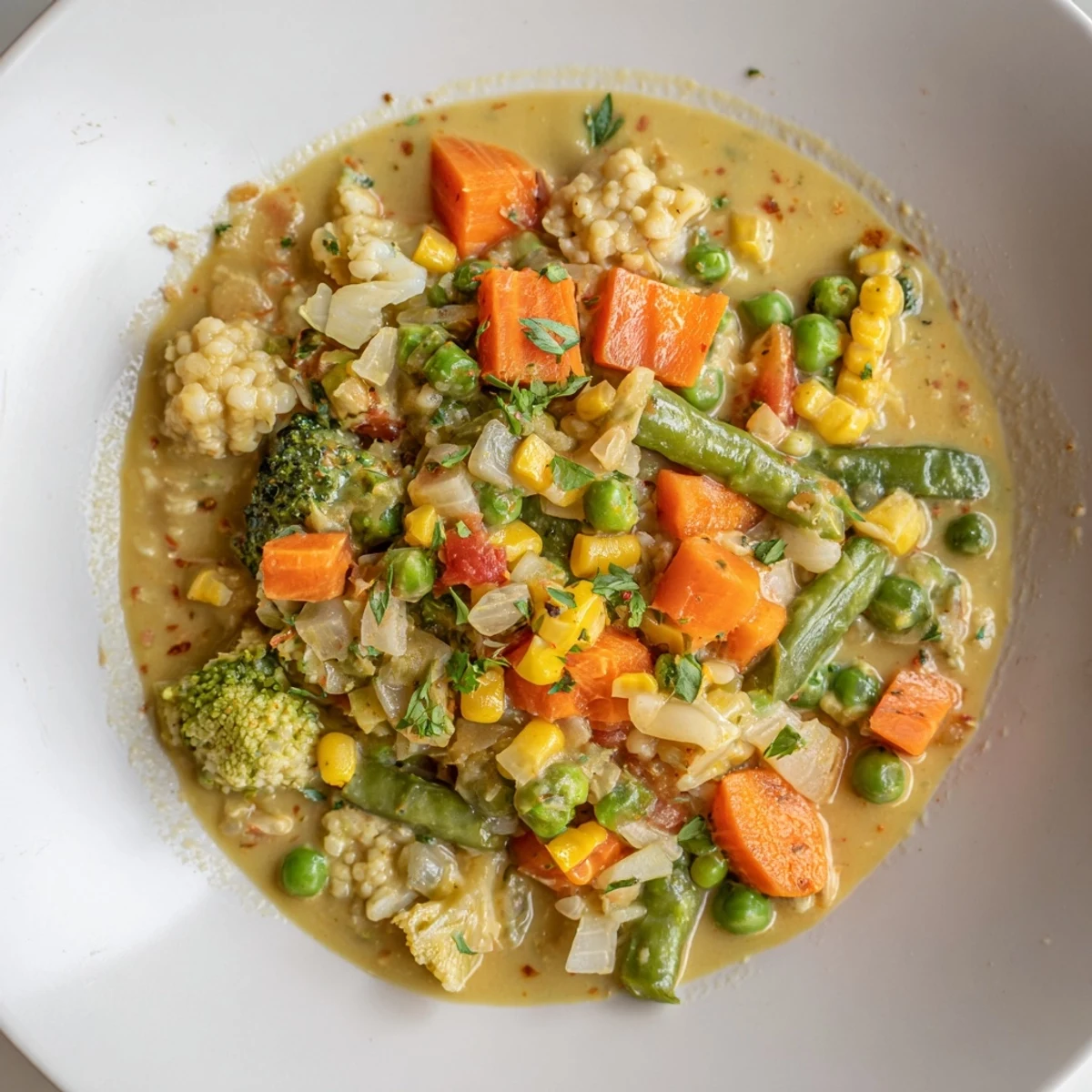 A warm bowl of Veggie Coconut Curry, full of colorful veggies and aromatic spices.