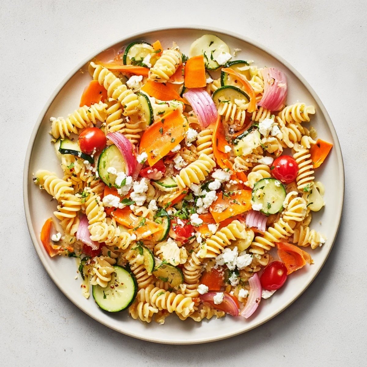 This flavorful Pasta Salad with Seasonal Veggies showcases a medley of fresh, chopped vegetables.