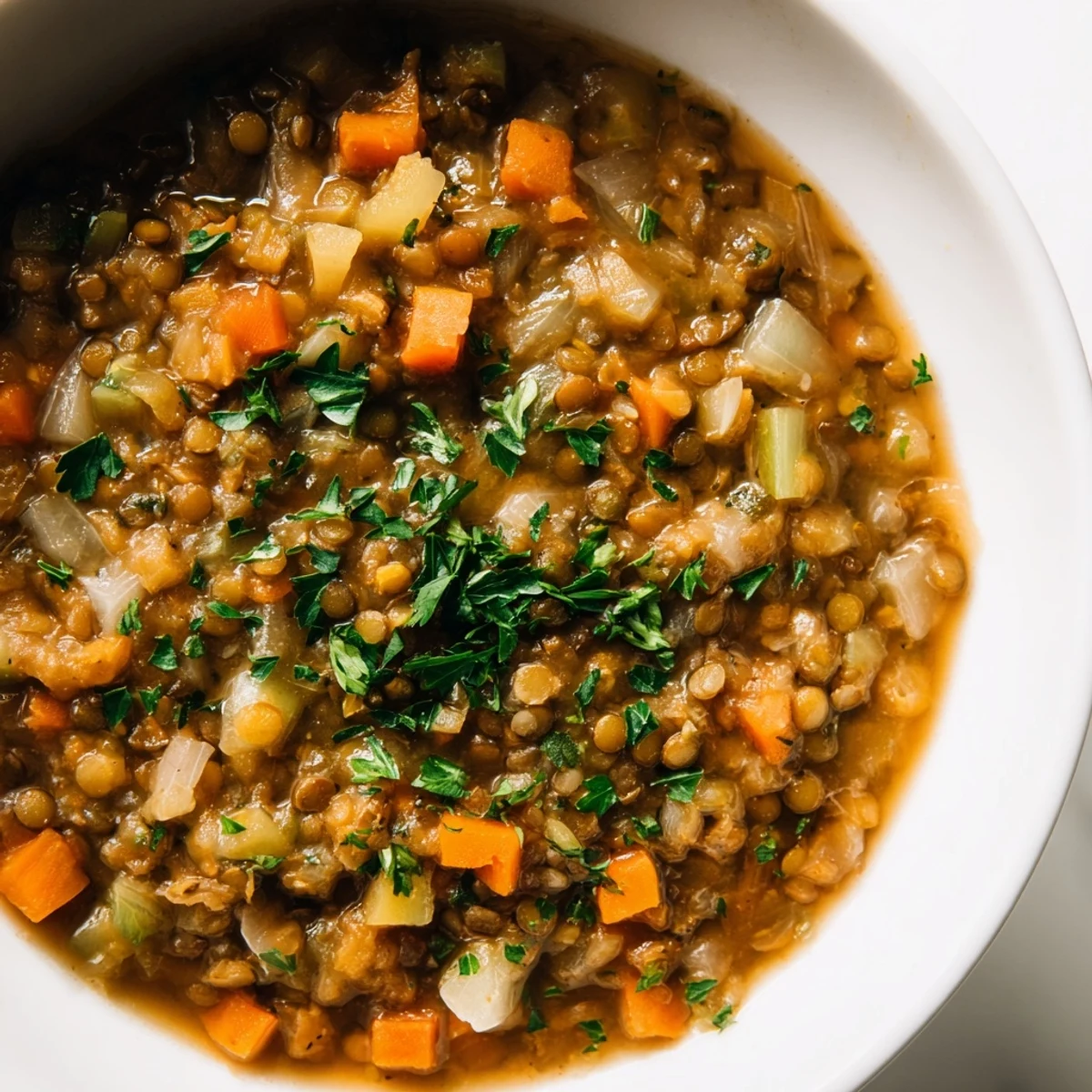 A close-up shot of rich Lentil Soup, a hearty vegetarian meal full of vibrant vegetables.