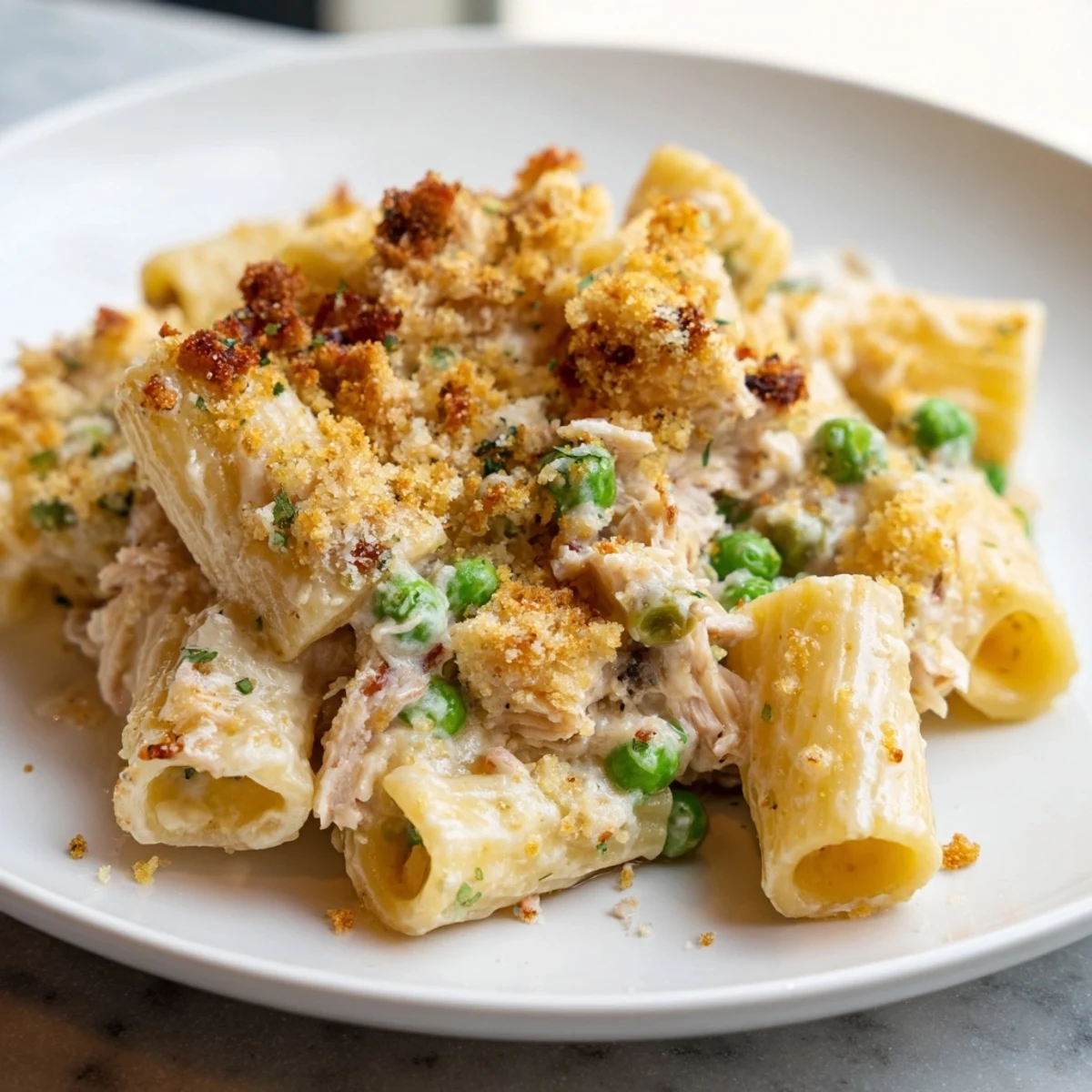 Golden bubbly tuna pasta bake fresh out of the oven, with a crispy breadcrumb topping.