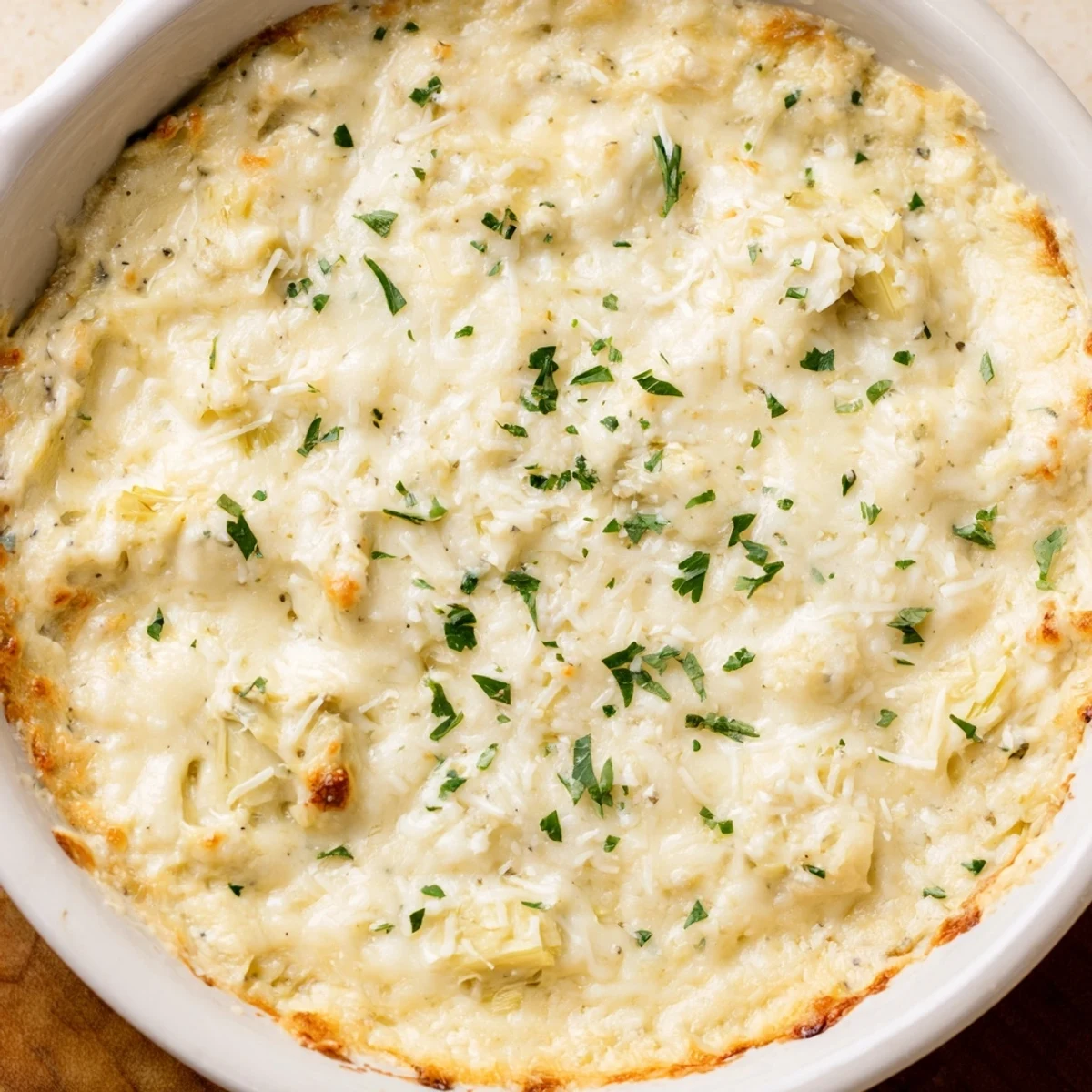 Golden-brown crust tops this cheesy baked artichoke dip, a savory blend of creamy cheeses and artichoke hearts.