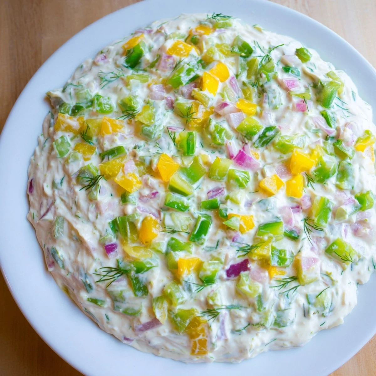 Fresh dill garnishes a bowl of homemade Sweet and Sour Pickle Relish Dip, perfect for a party.