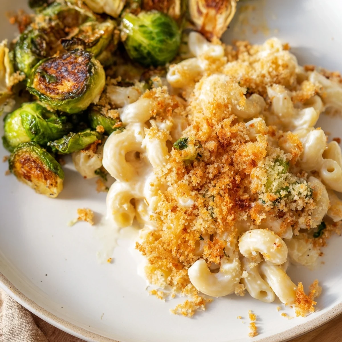 A close-up of sheet pan mac and cheese, featuring crispy Brussels sprouts and creamy cheese.