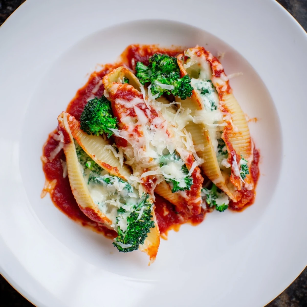 Cozy Broccoli Stuffed Manicotti bubbling in a rich tomato sauce, topped with melted mozzarella cheese.