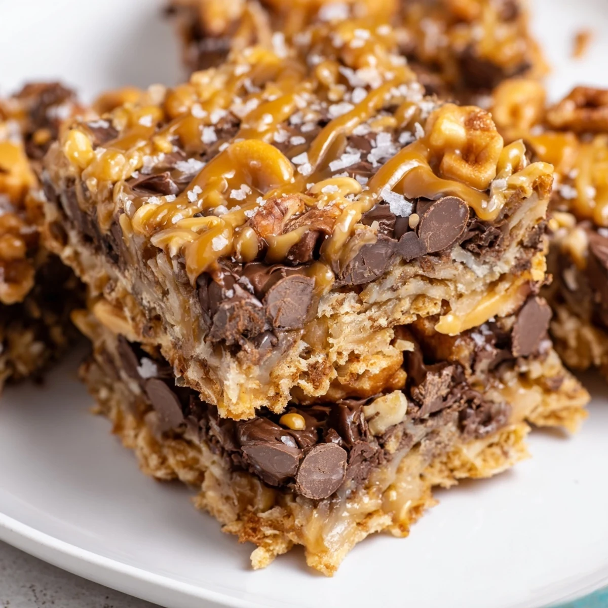 Warm, gooey 7-Layer Magic Bars with swirls of salted caramel drizzle for a delicious dessert.