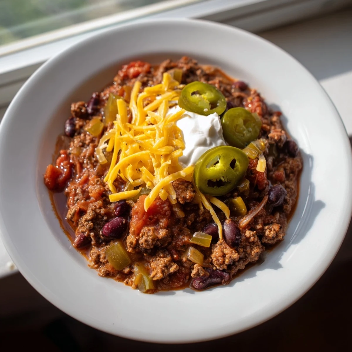 Close-up of a rich, red quick chili, perfect for a cozy weeknight dinner with warm flavors.