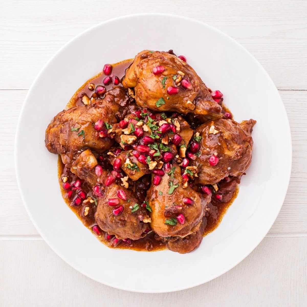 Savory Pomegranate Walnut Fesenjan Stew, garnished with bright pomegranate seeds, perfect for a cozy dinner.