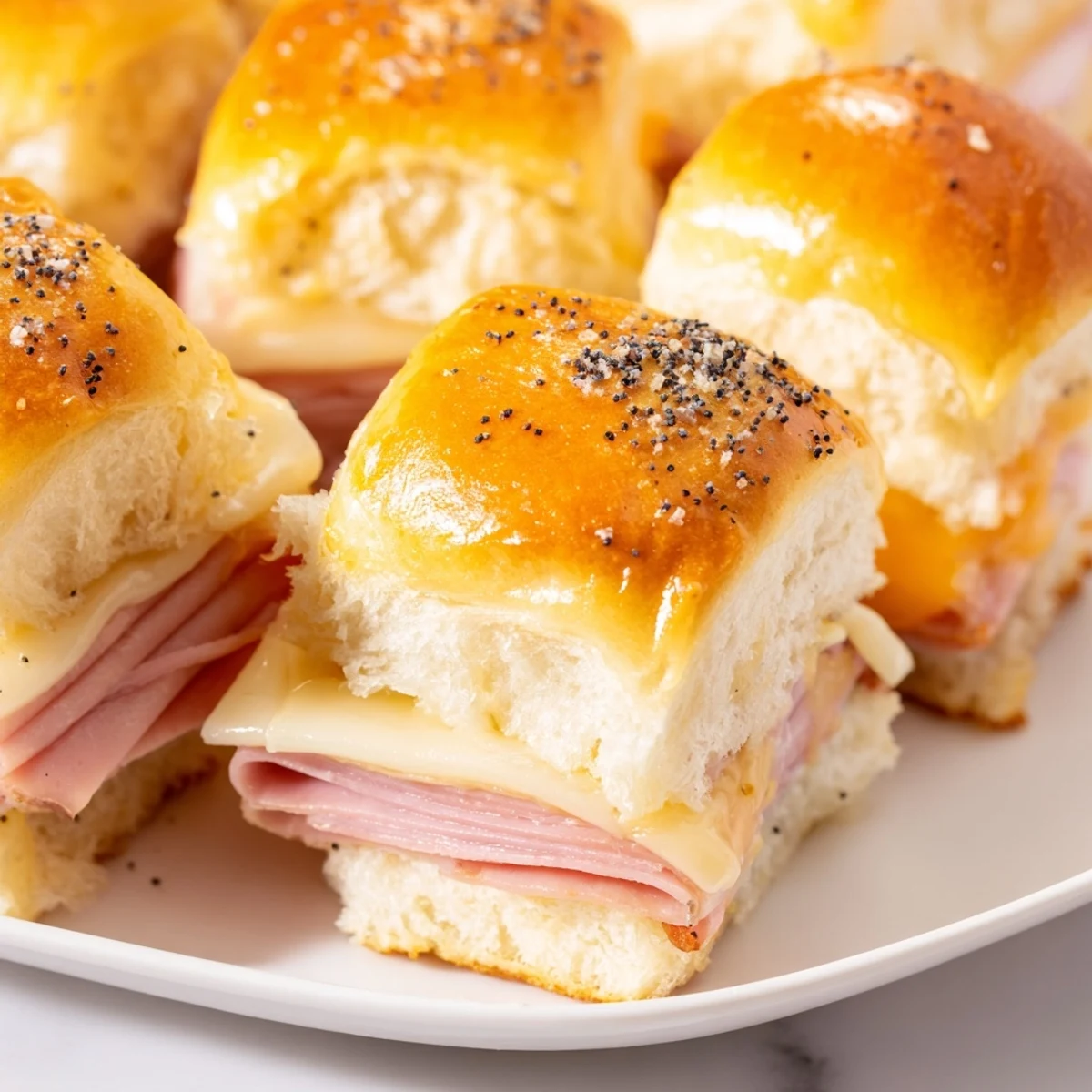 Melted Swiss and savory ham layered in these golden Baked Ham and Cheese Party Sliders.