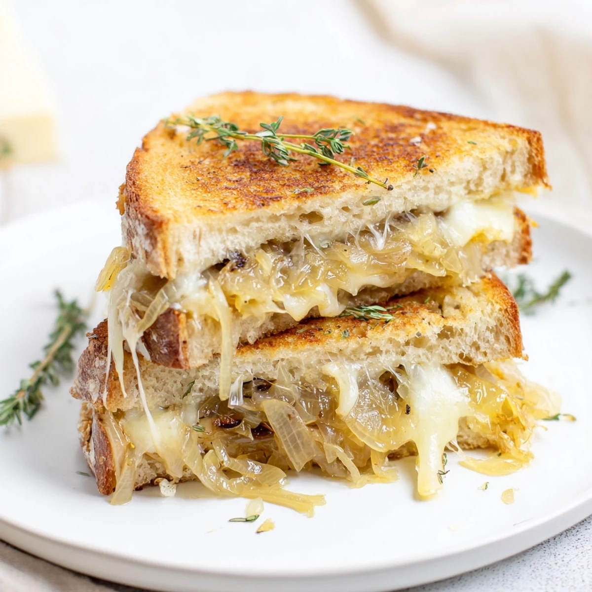 Savory and satisfying, this French Onion Grilled Cheese sandwich is a comforting, gourmet delight.